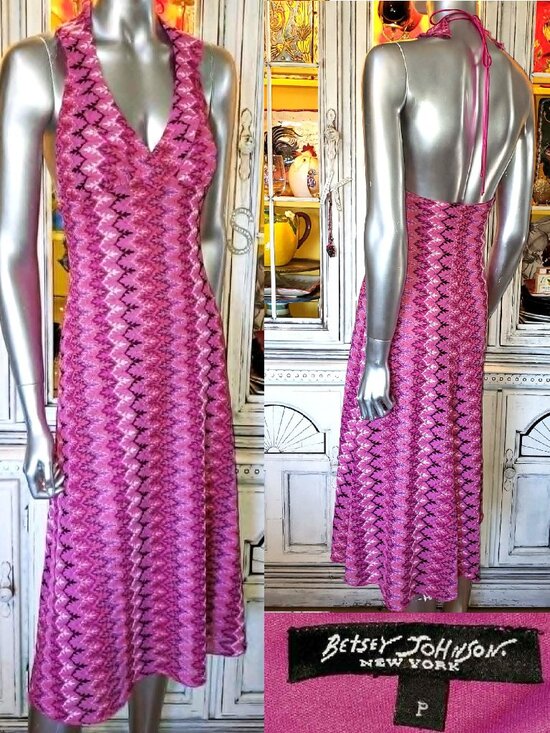 Betsey Johnson Dresses & Skirts - Betsey Johnson Vintage New York Y2K 90s Open Woven Knit Pink Midi Halter Dress S